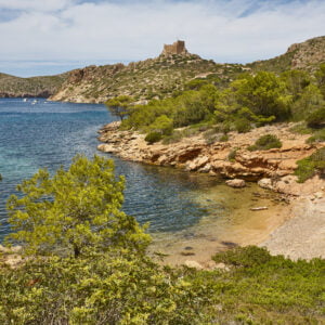 Turquoise waters in Cabrera island bay landscape. Balearic islands. Spain