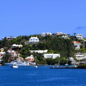 Colorful pastel buildings in the port town of Hamilton on the island of Bermuda