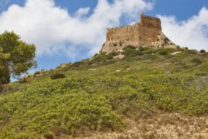 Mediterranean coast in Cabrera. Balearic islands landscape. Castle. Spain